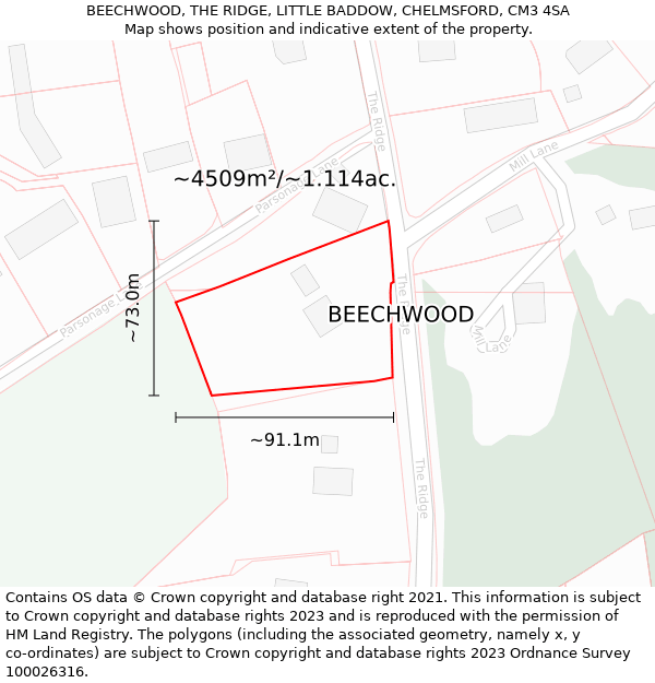 BEECHWOOD, THE RIDGE, LITTLE BADDOW, CHELMSFORD, CM3 4SA: Plot and title map