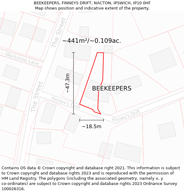 BEEKEEPERS, FINNEYS DRIFT, NACTON, IPSWICH, IP10 0HF: Plot and title map