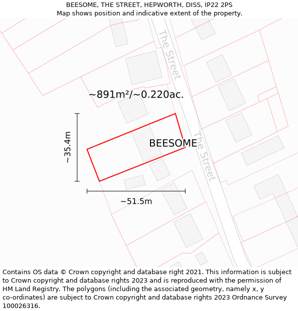 BEESOME, THE STREET, HEPWORTH, DISS, IP22 2PS: Plot and title map