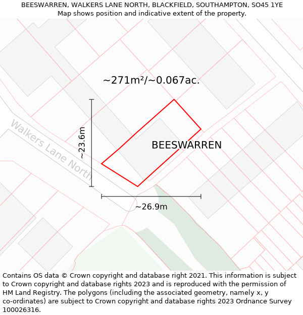 BEESWARREN, WALKERS LANE NORTH, BLACKFIELD, SOUTHAMPTON, SO45 1YE: Plot and title map