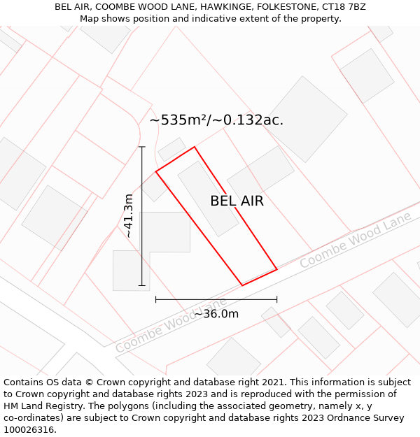 BEL AIR, COOMBE WOOD LANE, HAWKINGE, FOLKESTONE, CT18 7BZ: Plot and title map