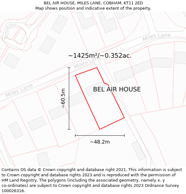BEL AIR HOUSE, MILES LANE, COBHAM, KT11 2ED: Plot and title map
