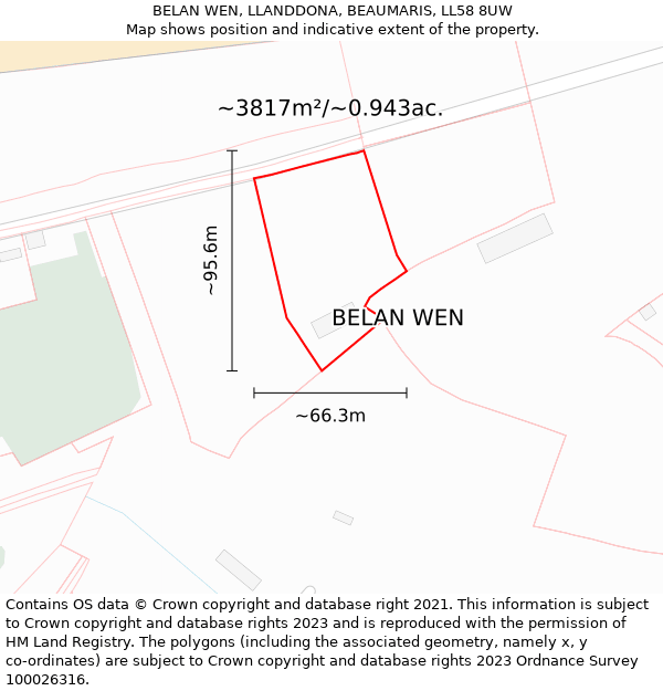 BELAN WEN, LLANDDONA, BEAUMARIS, LL58 8UW: Plot and title map