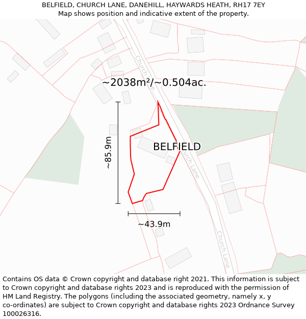 BELFIELD, CHURCH LANE, DANEHILL, HAYWARDS HEATH, RH17 7EY: Plot and title map