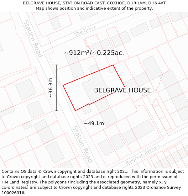 BELGRAVE HOUSE, STATION ROAD EAST, COXHOE, DURHAM, DH6 4AT: Plot and title map