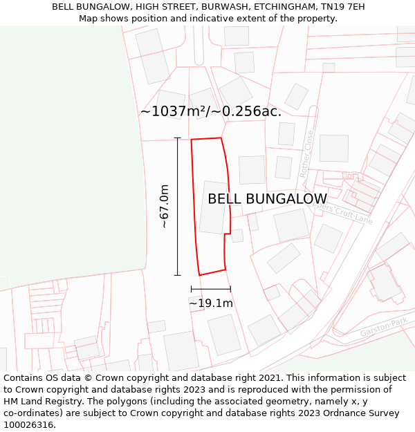 BELL BUNGALOW, HIGH STREET, BURWASH, ETCHINGHAM, TN19 7EH: Plot and title map