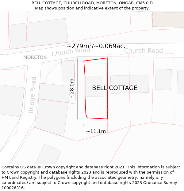 BELL COTTAGE, CHURCH ROAD, MORETON, ONGAR, CM5 0JD: Plot and title map