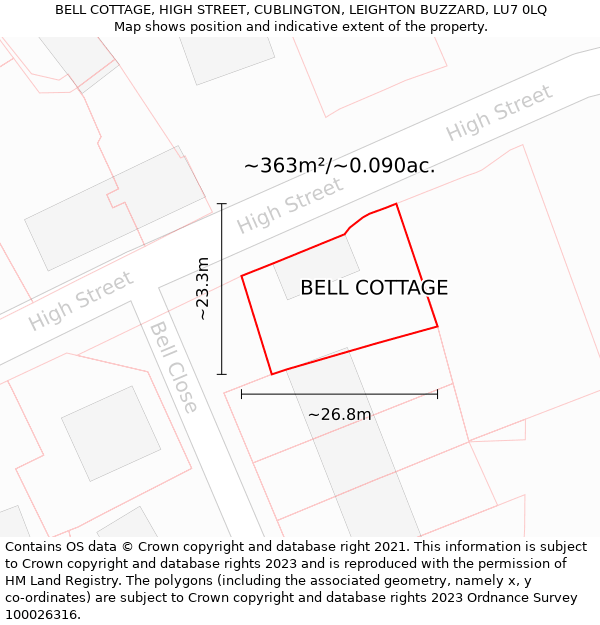 BELL COTTAGE, HIGH STREET, CUBLINGTON, LEIGHTON BUZZARD, LU7 0LQ: Plot and title map