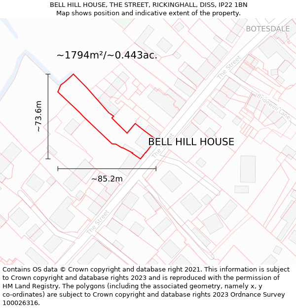 BELL HILL HOUSE, THE STREET, RICKINGHALL, DISS, IP22 1BN: Plot and title map