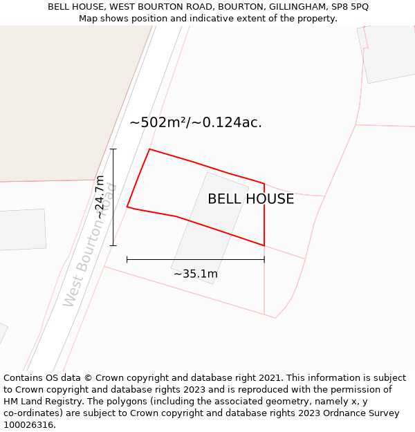 BELL HOUSE, WEST BOURTON ROAD, BOURTON, GILLINGHAM, SP8 5PQ: Plot and title map