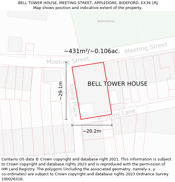 BELL TOWER HOUSE, MEETING STREET, APPLEDORE, BIDEFORD, EX39 1RJ: Plot and title map