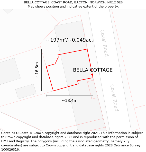 BELLA COTTAGE, COAST ROAD, BACTON, NORWICH, NR12 0ES: Plot and title map