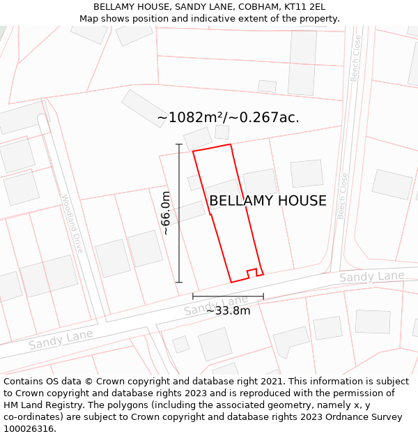 BELLAMY HOUSE, SANDY LANE, COBHAM, KT11 2EL: Plot and title map