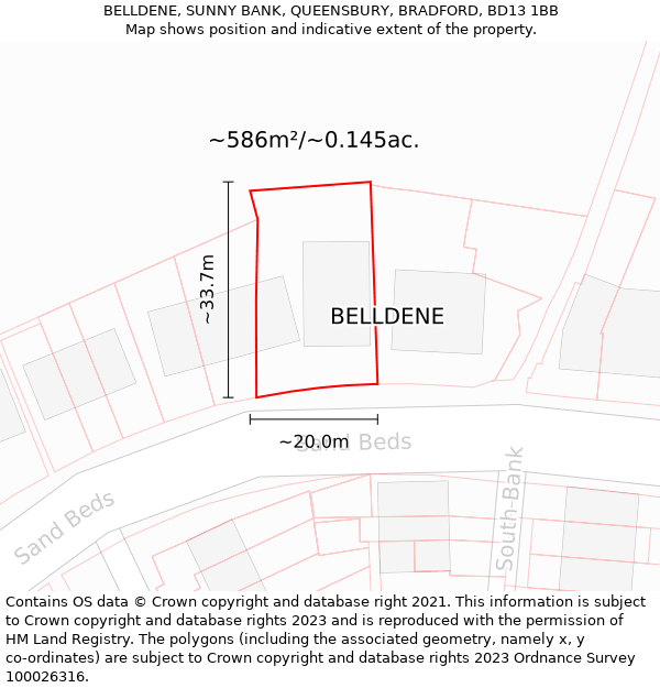 BELLDENE, SUNNY BANK, QUEENSBURY, BRADFORD, BD13 1BB: Plot and title map