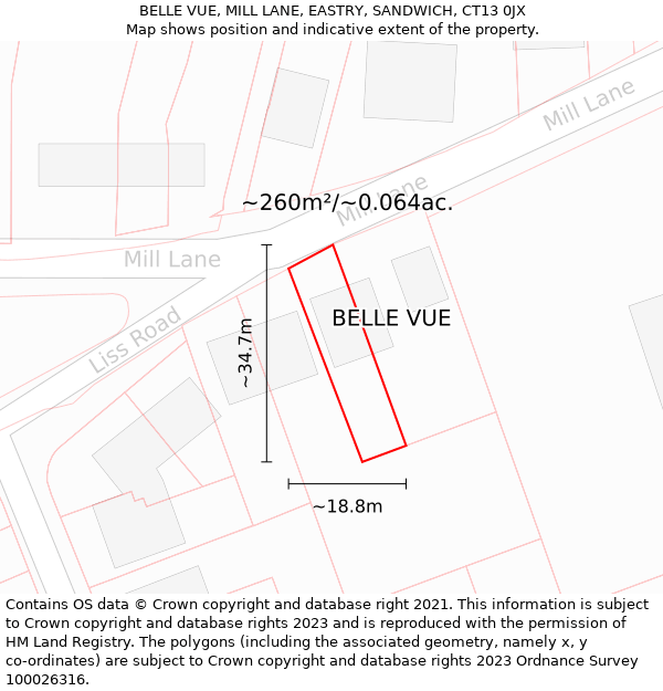 BELLE VUE, MILL LANE, EASTRY, SANDWICH, CT13 0JX: Plot and title map