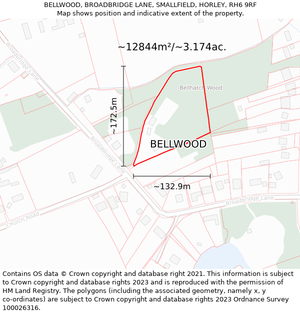 BELLWOOD, BROADBRIDGE LANE, SMALLFIELD, HORLEY, RH6 9RF: Plot and title map