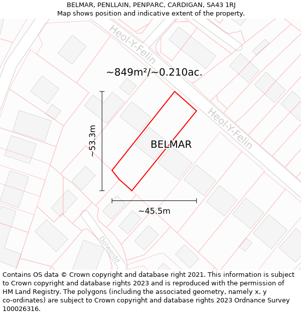 BELMAR, PENLLAIN, PENPARC, CARDIGAN, SA43 1RJ: Plot and title map