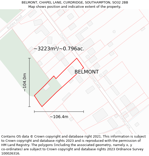 BELMONT, CHAPEL LANE, CURDRIDGE, SOUTHAMPTON, SO32 2BB: Plot and title map