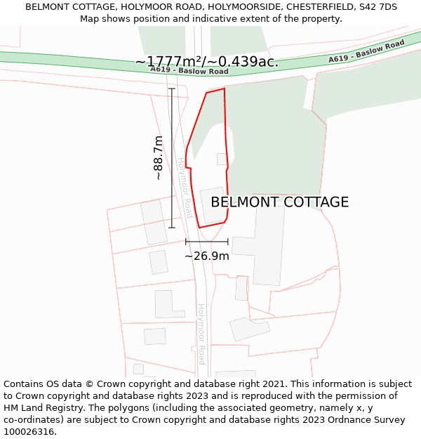 BELMONT COTTAGE, HOLYMOOR ROAD, HOLYMOORSIDE, CHESTERFIELD, S42 7DS: Plot and title map