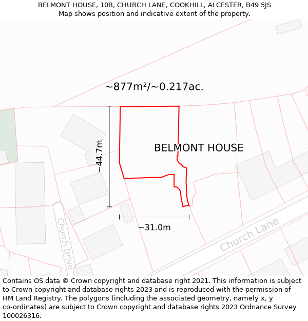 BELMONT HOUSE, 10B, CHURCH LANE, COOKHILL, ALCESTER, B49 5JS: Plot and title map