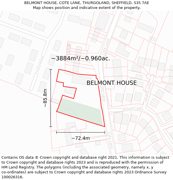 BELMONT HOUSE, COTE LANE, THURGOLAND, SHEFFIELD, S35 7AE: Plot and title map