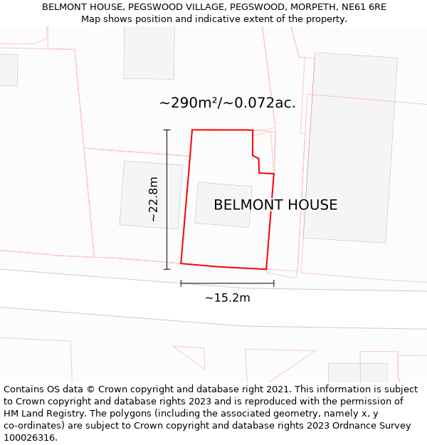 BELMONT HOUSE, PEGSWOOD VILLAGE, PEGSWOOD, MORPETH, NE61 6RE: Plot and title map