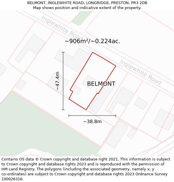 BELMONT, INGLEWHITE ROAD, LONGRIDGE, PRESTON, PR3 2DB: Plot and title map