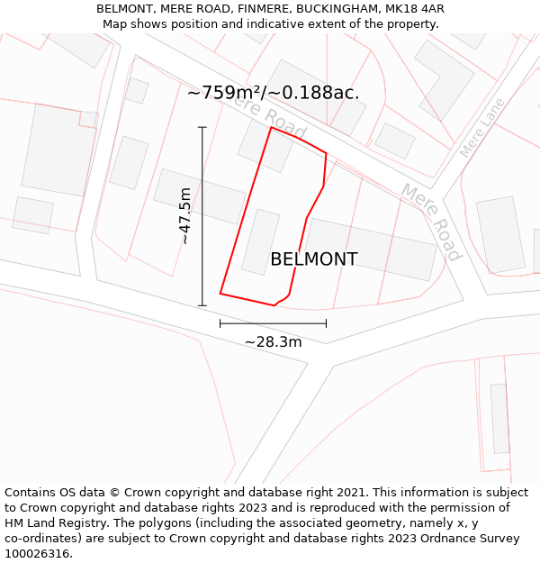 BELMONT, MERE ROAD, FINMERE, BUCKINGHAM, MK18 4AR: Plot and title map