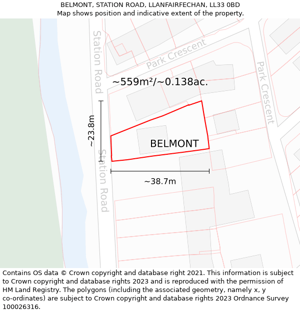 BELMONT, STATION ROAD, LLANFAIRFECHAN, LL33 0BD: Plot and title map