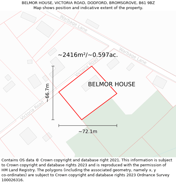 BELMOR HOUSE, VICTORIA ROAD, DODFORD, BROMSGROVE, B61 9BZ: Plot and title map