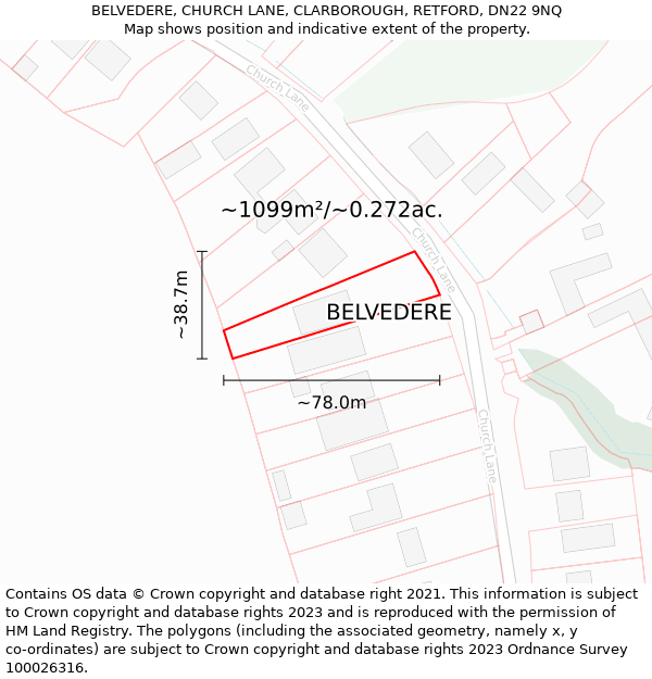 BELVEDERE, CHURCH LANE, CLARBOROUGH, RETFORD, DN22 9NQ: Plot and title map