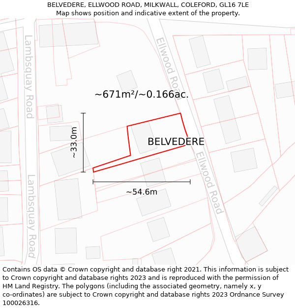 BELVEDERE, ELLWOOD ROAD, MILKWALL, COLEFORD, GL16 7LE: Plot and title map