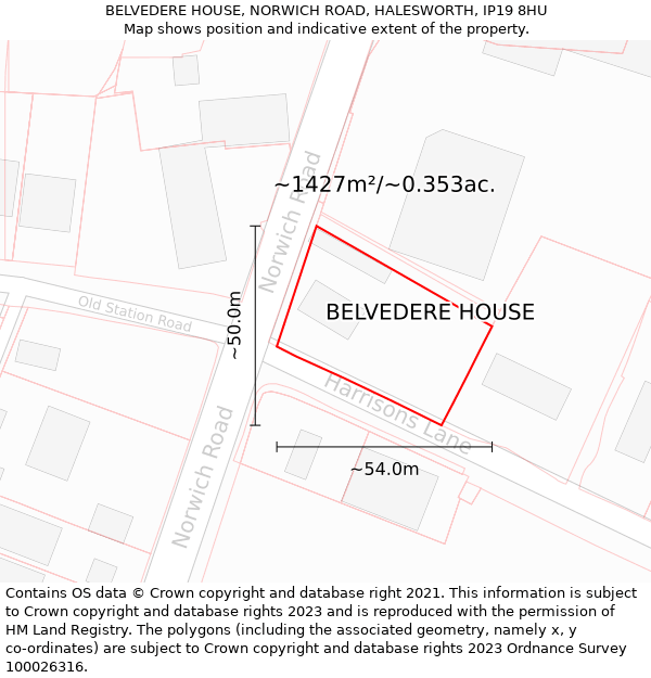 BELVEDERE HOUSE, NORWICH ROAD, HALESWORTH, IP19 8HU: Plot and title map