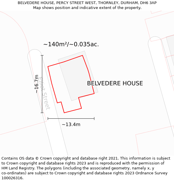 BELVEDERE HOUSE, PERCY STREET WEST, THORNLEY, DURHAM, DH6 3AP: Plot and title map