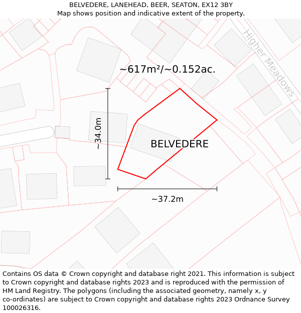 BELVEDERE, LANEHEAD, BEER, SEATON, EX12 3BY: Plot and title map