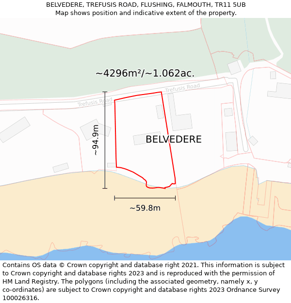 BELVEDERE, TREFUSIS ROAD, FLUSHING, FALMOUTH, TR11 5UB: Plot and title map