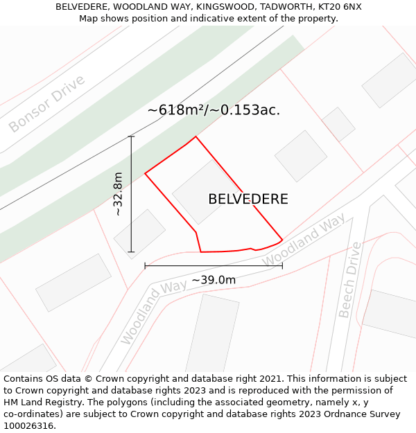 BELVEDERE, WOODLAND WAY, KINGSWOOD, TADWORTH, KT20 6NX: Plot and title map