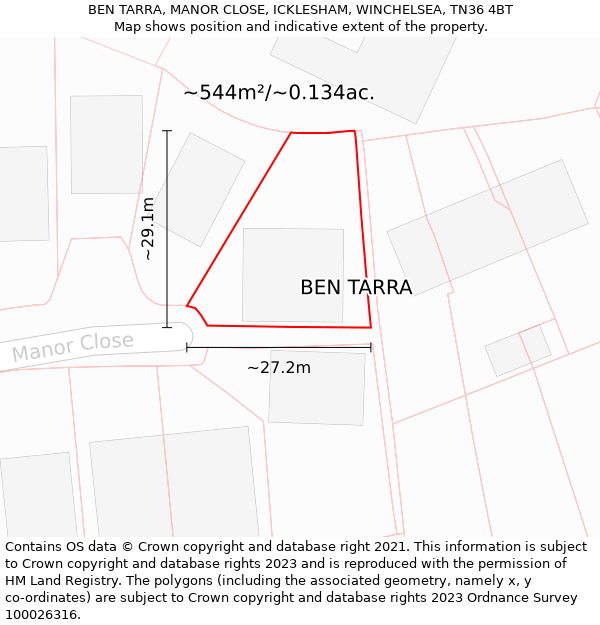 BEN TARRA, MANOR CLOSE, ICKLESHAM, WINCHELSEA, TN36 4BT: Plot and title map