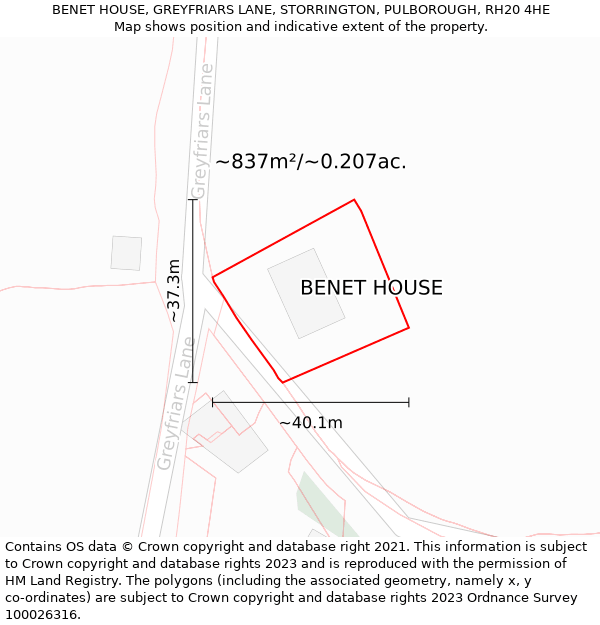 BENET HOUSE, GREYFRIARS LANE, STORRINGTON, PULBOROUGH, RH20 4HE: Plot and title map