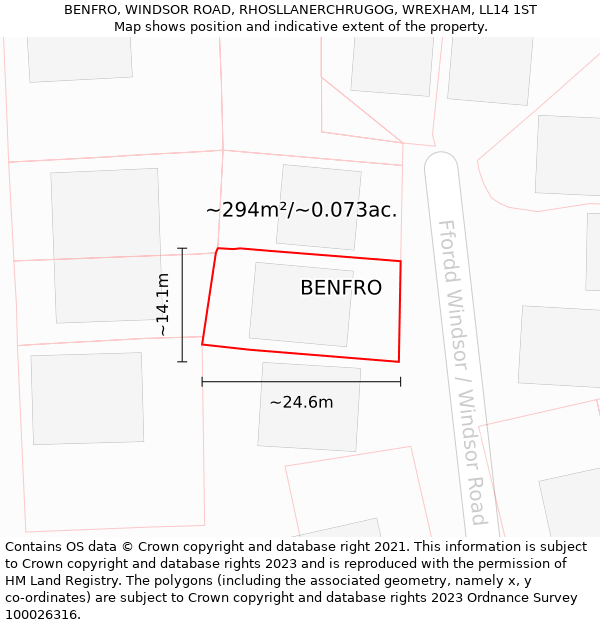 BENFRO, WINDSOR ROAD, RHOSLLANERCHRUGOG, WREXHAM, LL14 1ST: Plot and title map