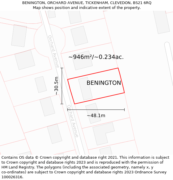 BENINGTON, ORCHARD AVENUE, TICKENHAM, CLEVEDON, BS21 6RQ: Plot and title map