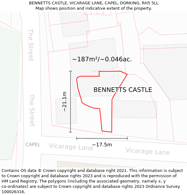 BENNETTS CASTLE, VICARAGE LANE, CAPEL, DORKING, RH5 5LL: Plot and title map