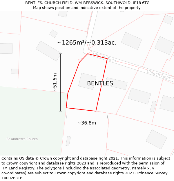 BENTLES, CHURCH FIELD, WALBERSWICK, SOUTHWOLD, IP18 6TG: Plot and title map