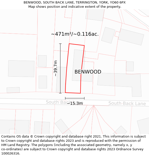 BENWOOD, SOUTH BACK LANE, TERRINGTON, YORK, YO60 6PX: Plot and title map