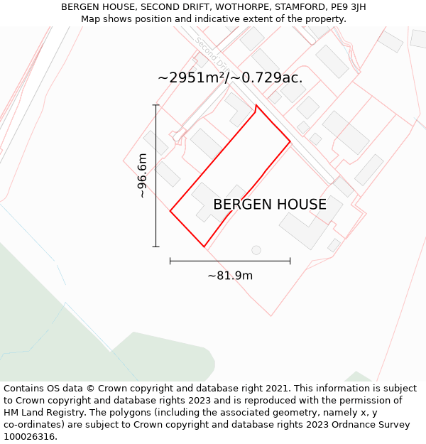 BERGEN HOUSE, SECOND DRIFT, WOTHORPE, STAMFORD, PE9 3JH: Plot and title map