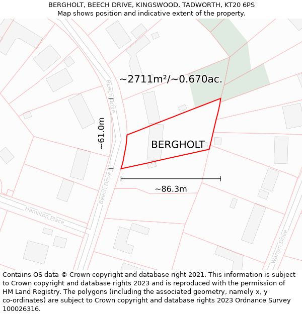 BERGHOLT, BEECH DRIVE, KINGSWOOD, TADWORTH, KT20 6PS: Plot and title map