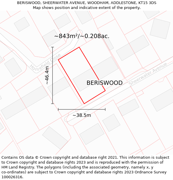 BERISWOOD, SHEERWATER AVENUE, WOODHAM, ADDLESTONE, KT15 3DS: Plot and title map