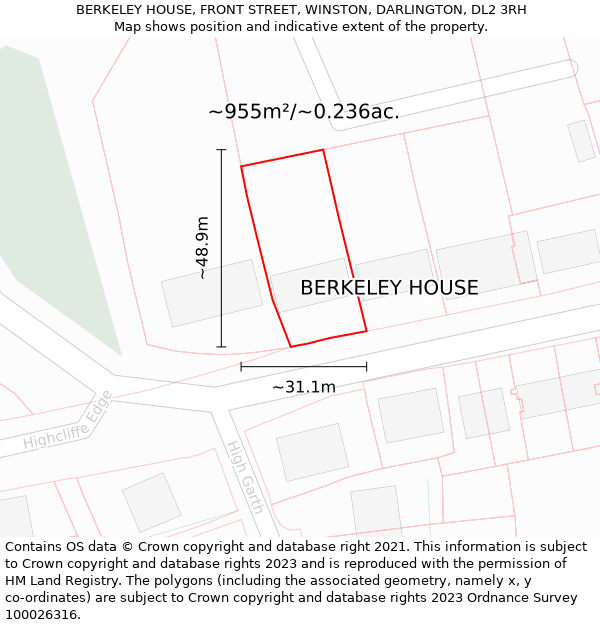 BERKELEY HOUSE, FRONT STREET, WINSTON, DARLINGTON, DL2 3RH: Plot and title map