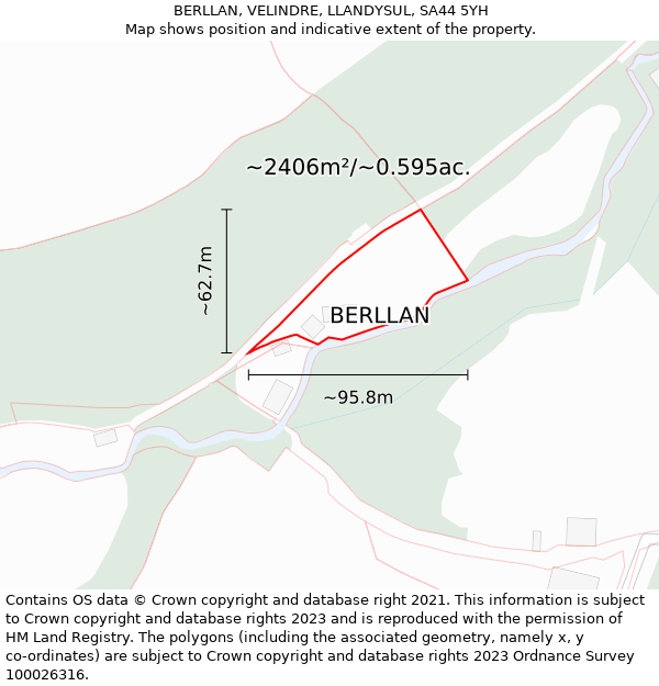 BERLLAN, VELINDRE, LLANDYSUL, SA44 5YH: Plot and title map