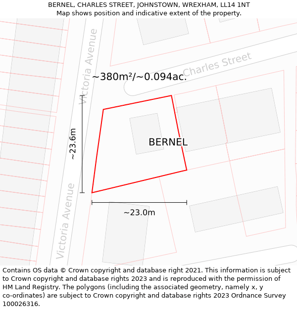 BERNEL, CHARLES STREET, JOHNSTOWN, WREXHAM, LL14 1NT: Plot and title map